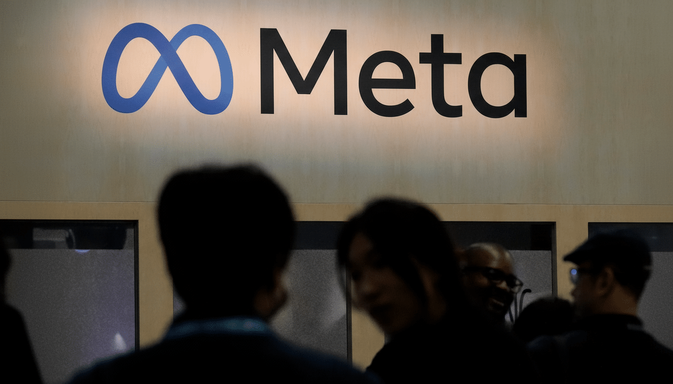 The Meta logo, featuring a blue infinity symbol and black text, is displayed on a light-colored wall above a crowd of people.