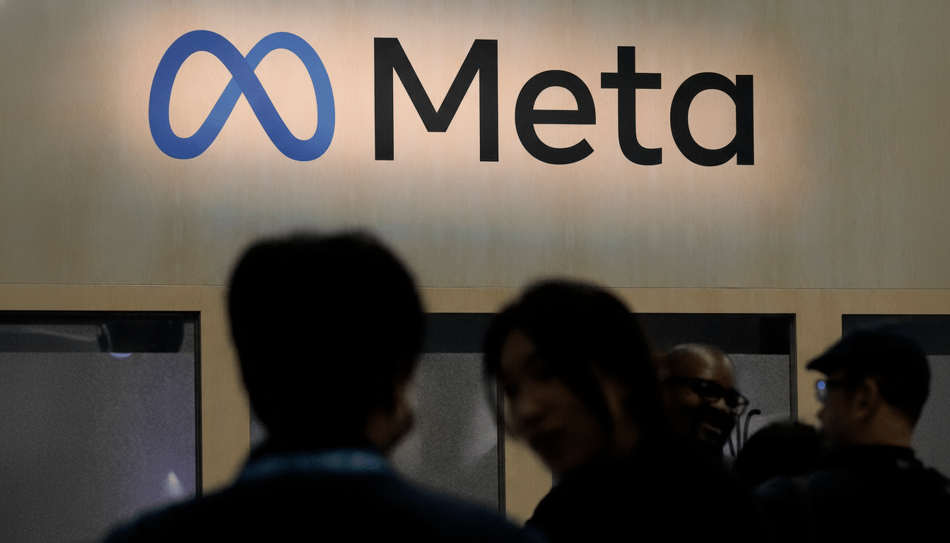 The Meta logo, featuring a blue infinity symbol and the word Meta in black, is displayed on a light-colored wall above a crowd of people.