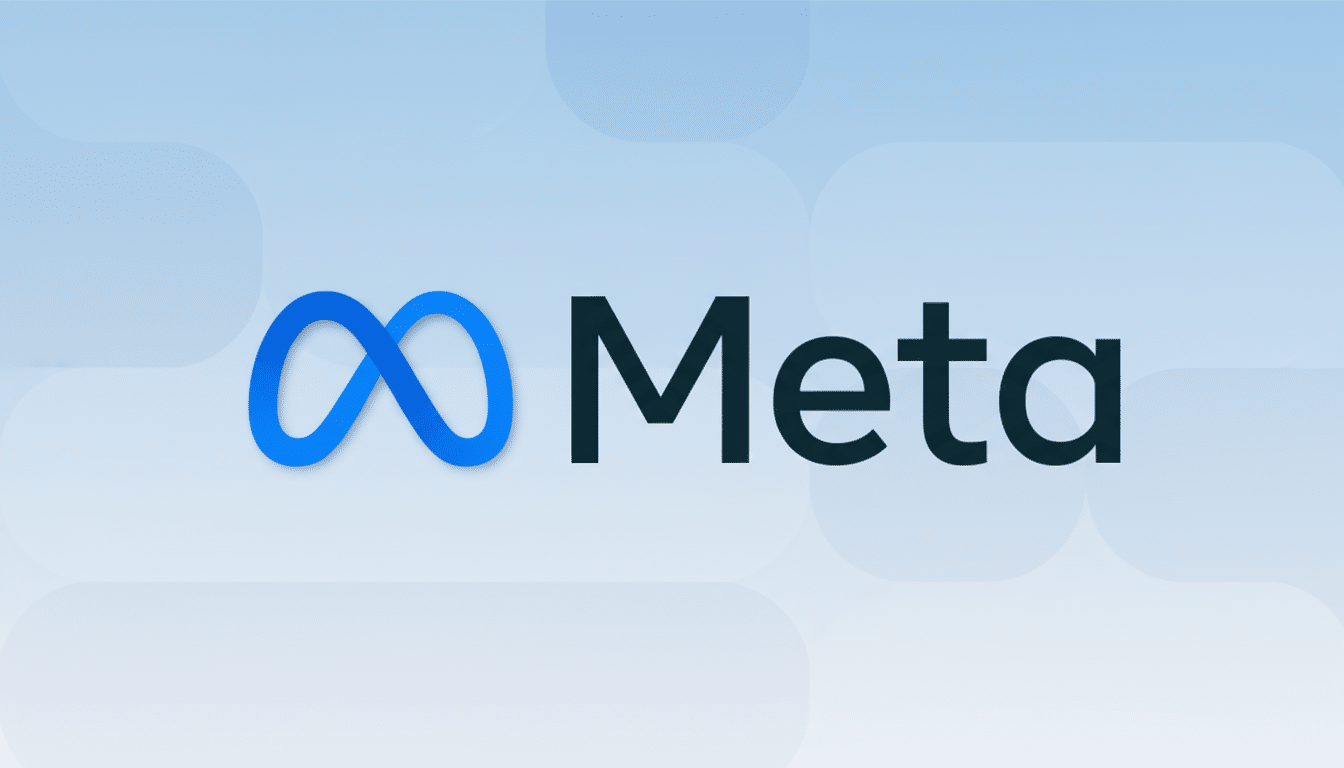 The Meta logo, featuring a blue infinity symbol next to the word Meta in dark gray, set against a light blue background with subtle, soft patterns.