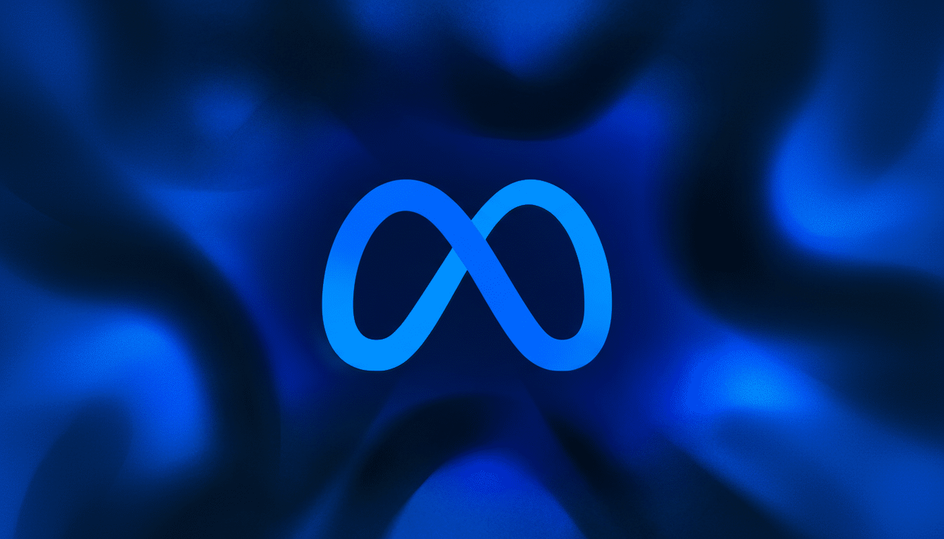The Meta logo, an infinity symbol in shades of blue, centered on a dark blue background with subtle, wavy light patterns.