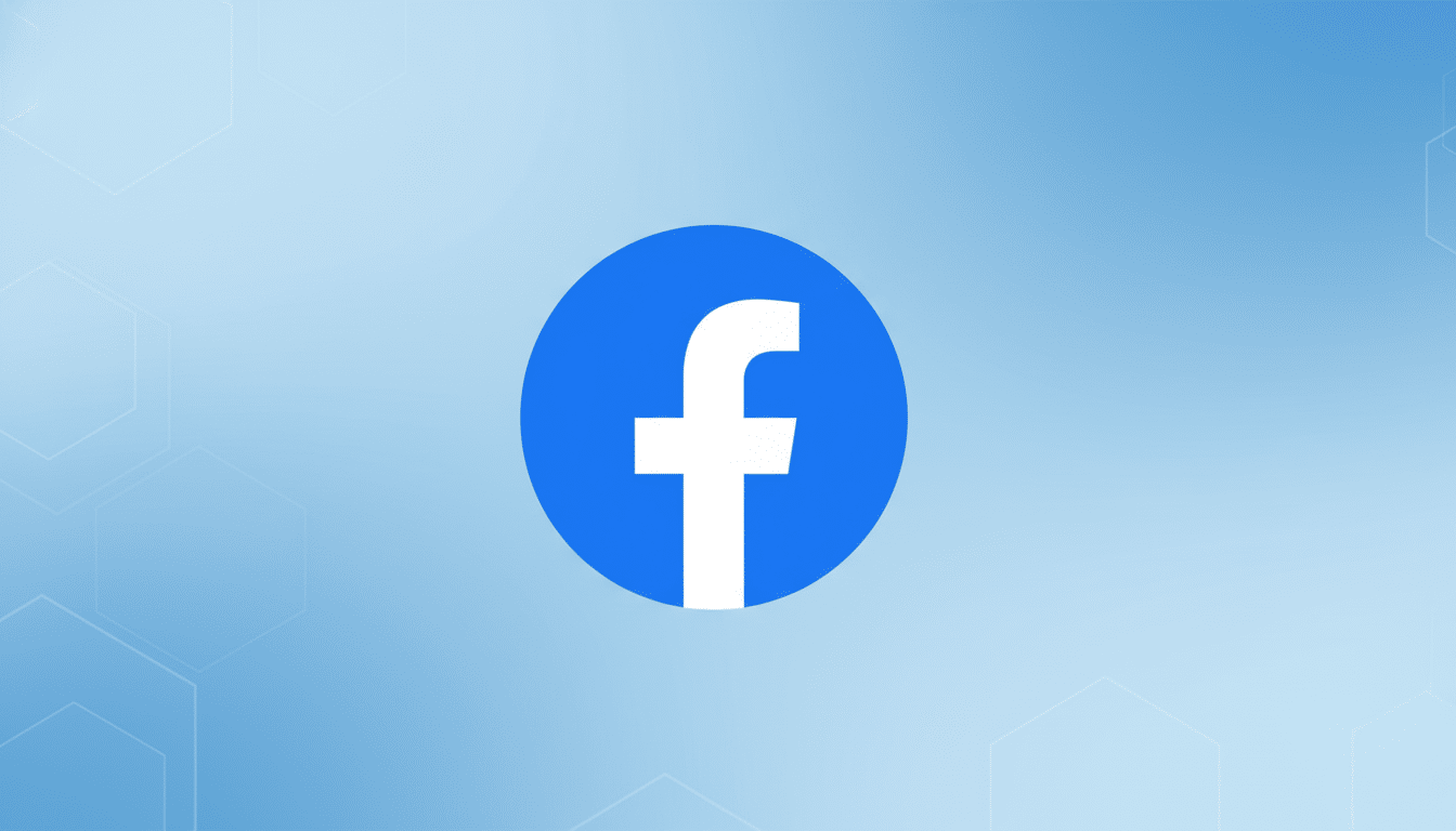 The Facebook logo, a white lowercase f on a blue circle, centered on a light blue background with subtle hexagonal patterns.
