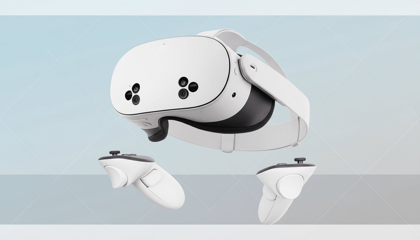A white virtual reality headset with two white controllers, presented on a professional light blue and gray gradient background with subtle geometric patterns.