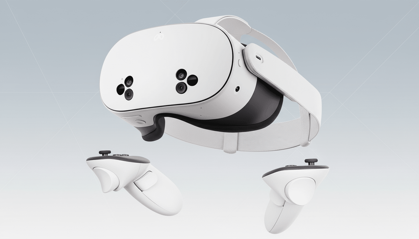 A white virtual reality headset with two white controllers, presented on a professional light gray background with subtle geometric patterns.