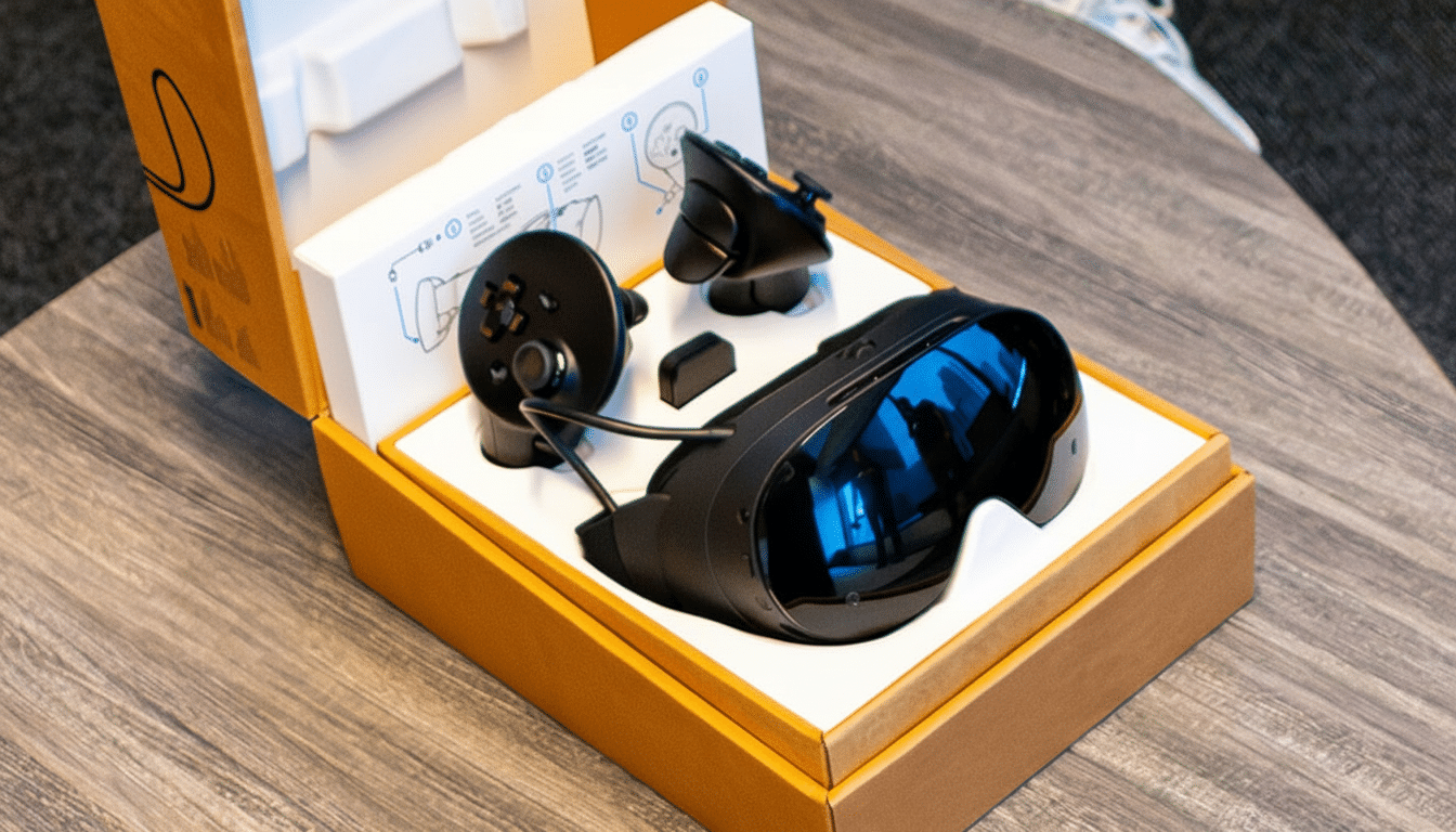 A virtual reality headset and controllers are displayed in their open packaging on a wooden table.