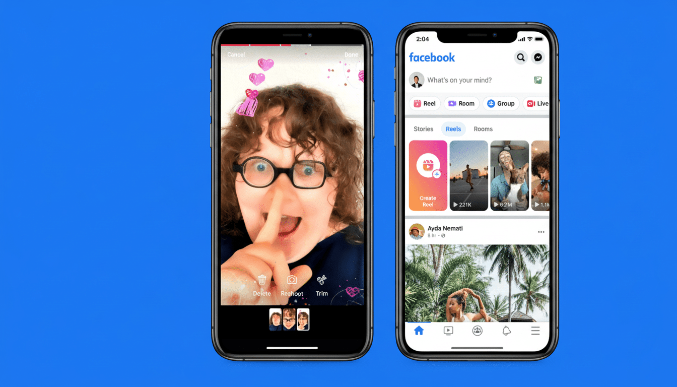Two iPhones displaying Facebook app interfaces. The left phone shows a person with glasses making a funny face with a finger on their nose, surrounded by heart filters. The right phone shows the Facebook Reels interface with various video previews and a users feed.