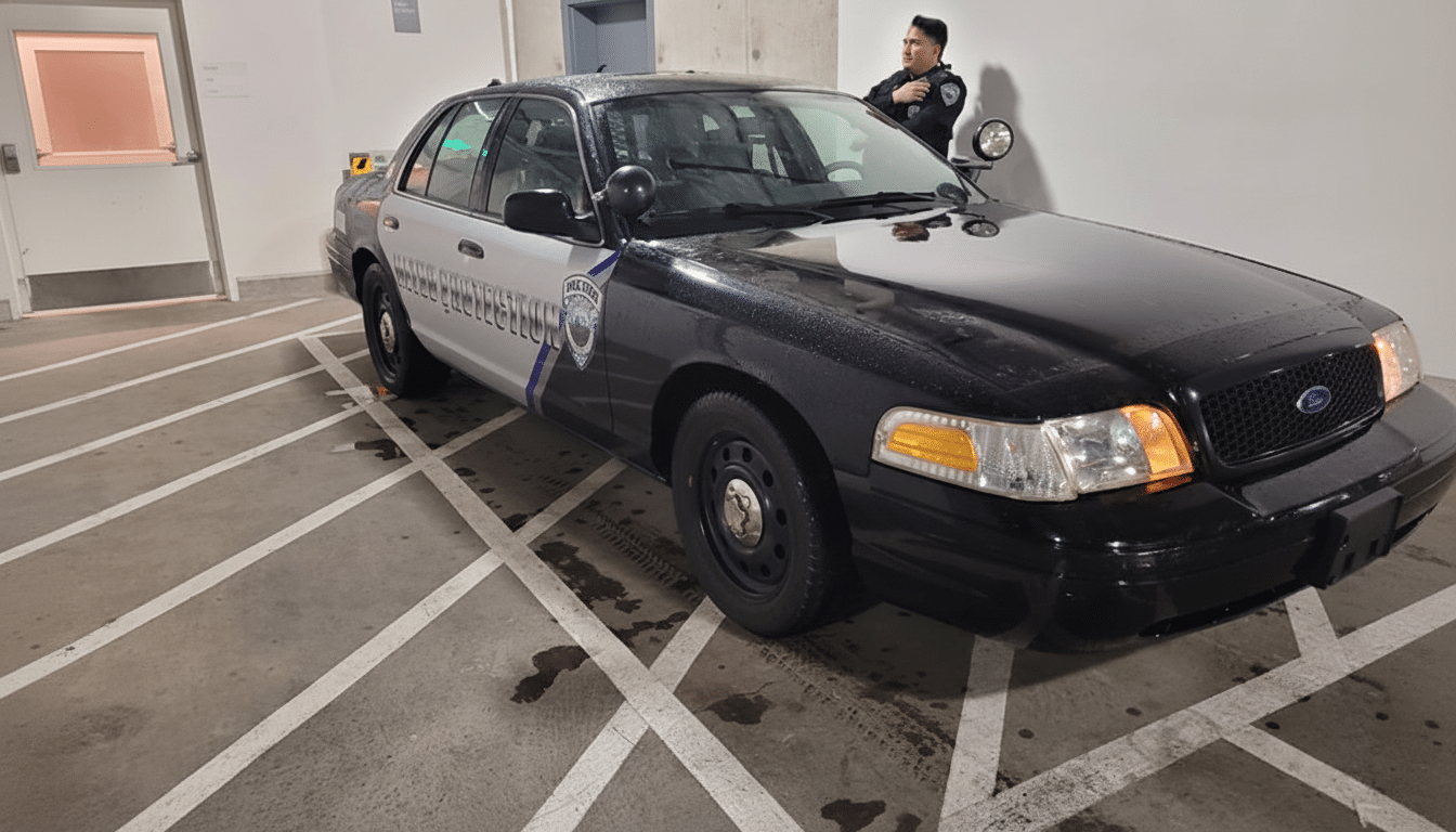 A police officer stands next to a black and white patrol car in a parking garage.