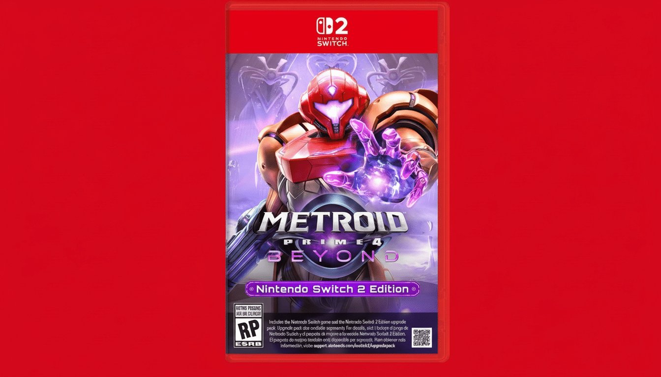 A 16:9 aspect ratio image of the Metroid Prime 4 Beyond Nintendo Switch 2 Edition game box, featuring Samus Aran in her power suit on a red background.