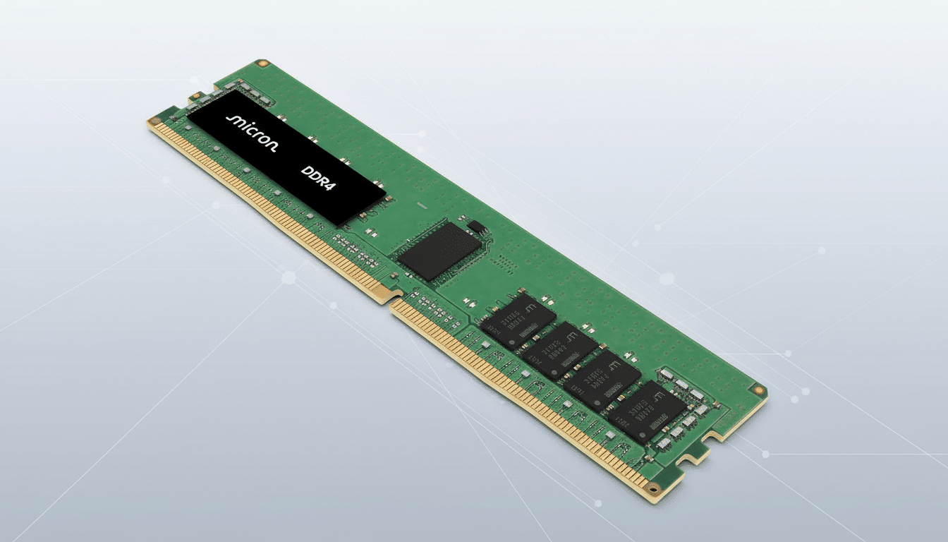 A Micron DDR4 RAM stick on a professional flat design background with soft patterns.