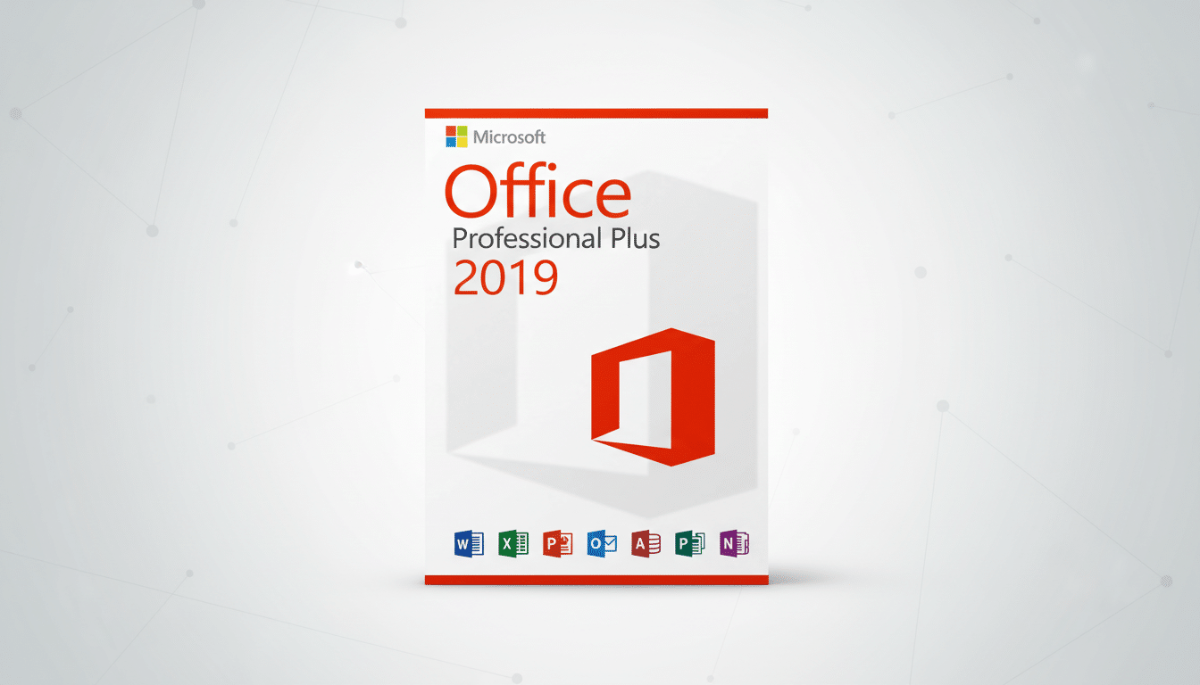 Microsoft Office Professional Plus 2019 software box on a professional flat design background with soft patterns.