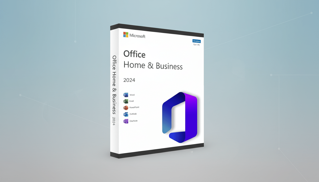 Microsoft Office Home & Business 2024 software box in a 16:9 aspect ratio with a professional flat design background.