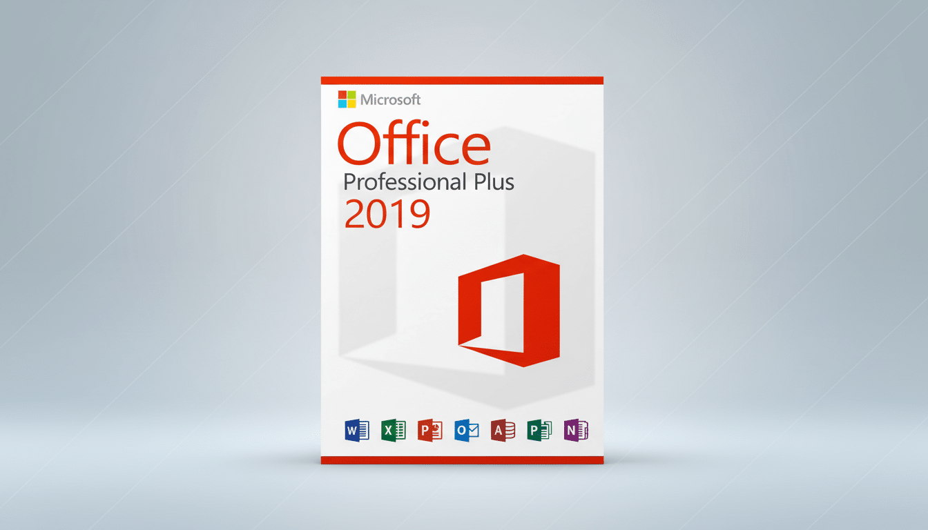 A 16:9 aspect ratio image of the Microsoft Office Professional Plus 2019 software box, set against a professional flat design background with soft patterns.