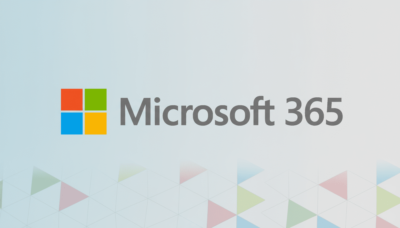 The Microsoft 365 logo, featuring the colorful Microsoft window icon and Microsoft 365 text, presented on a professional 16:9 aspect ratio background with a subtle blue-grey gradient and soft, geometric patterns at the bottom.