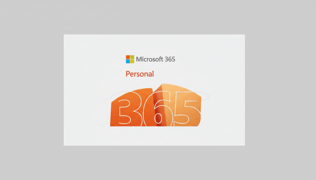 A professionally enhanced image of the Microsoft 365 Personal logo and text, resized to a 16:9 aspect ratio with a clean, professional flat design background.
