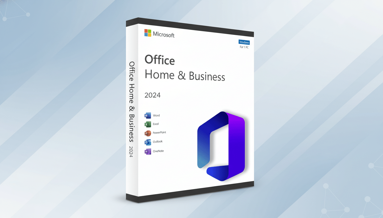 Microsoft Office Home & Business 2024 software box on a professional flat design background with soft patterns.