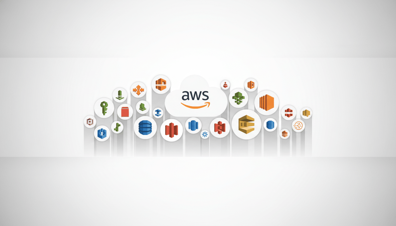 A professional, enhanced image of the AWS cloud logo surrounded by various AWS service icons, all presented on a clean, light gray gradient background with a 16:9 aspect ratio.