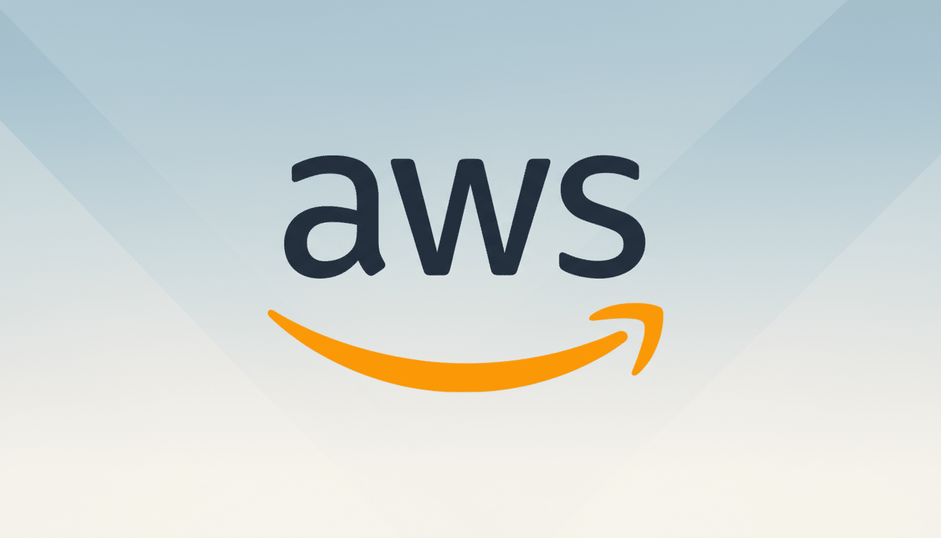 The AWS logo, featuring aws in dark gray text with an orange arrow curving from the a to the s, set against a professional light blue and white gradient background with subtle geometric patterns.