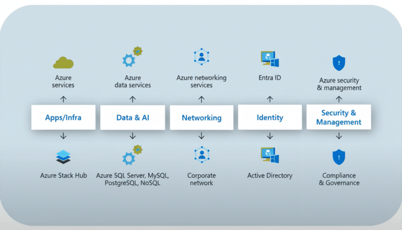 A diagram illustrating Azure services categorized into Apps/Infra, Data & AI, Networking, Identity, and Security & Management, with corresponding underlying technologies.