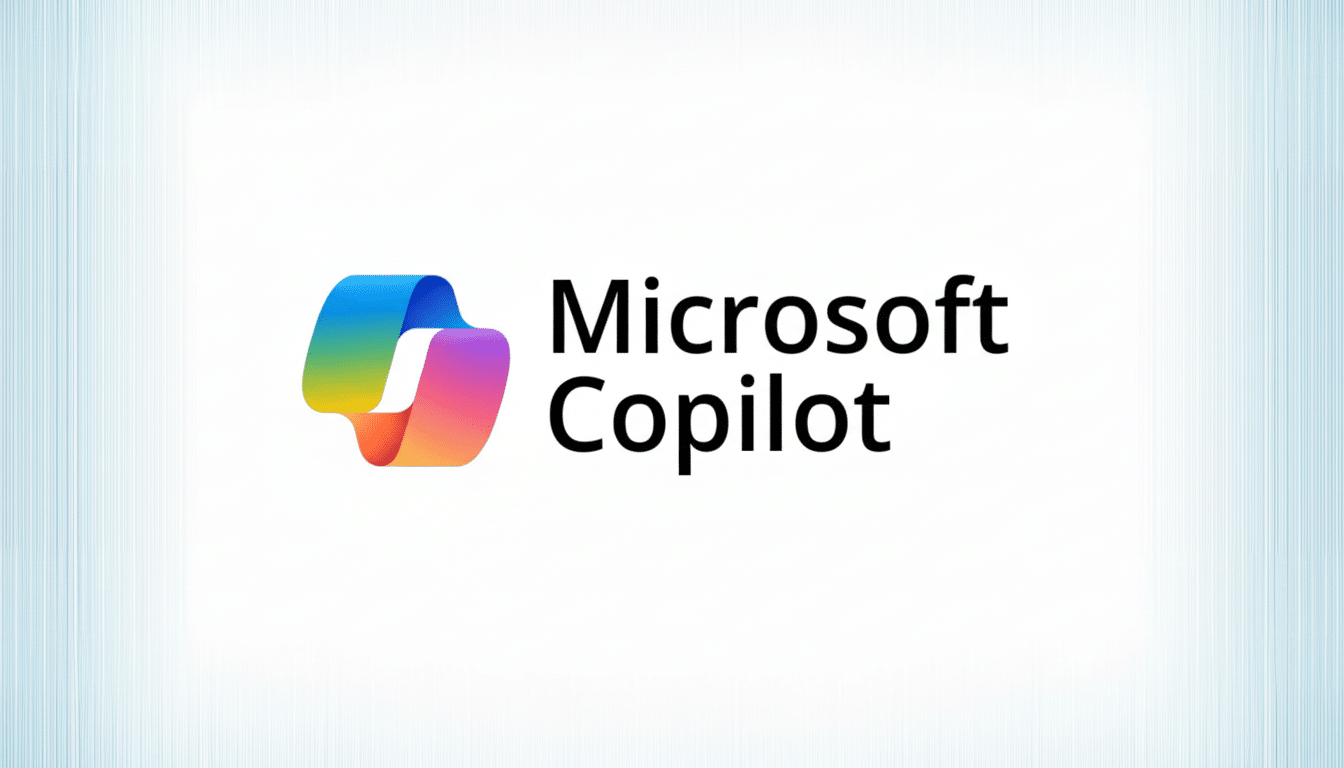 The Microsoft Copilot logo and text on a white background with subtle blue vertical lines on the sides, resized to a 16:9 aspect ratio.