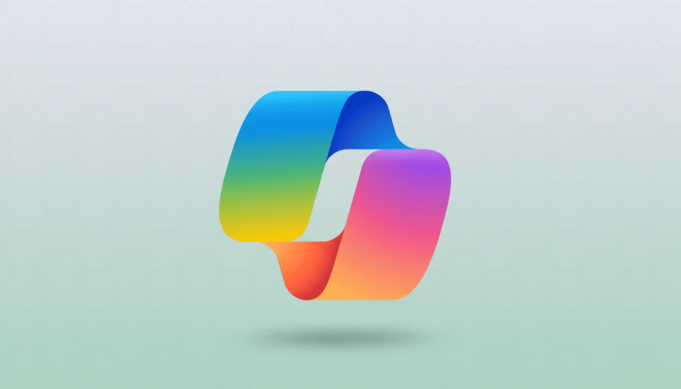 A colorful, gradient-filled ribbon-like shape, resembling a stylized letter G or an infinity symbol, set against a light green background with a subtle hexagonal pattern.