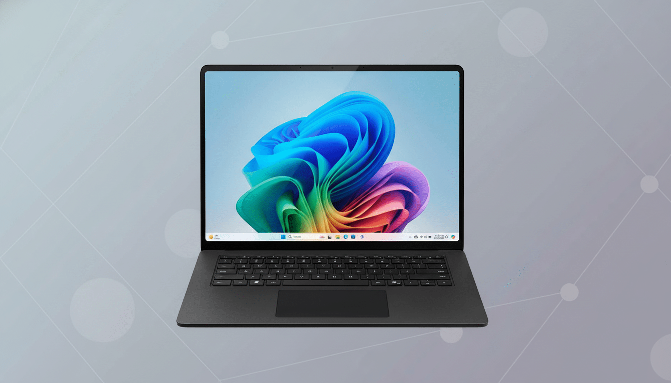 A black laptop with a colorful abstract wallpaper on its screen, set against a professional flat gray background with subtle white circular patterns.