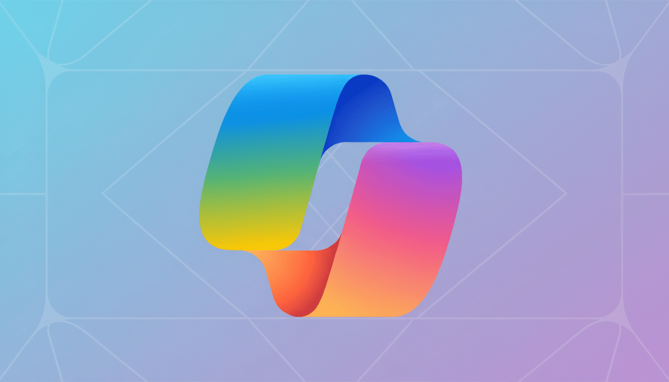 A colorful, gradient-filled ribbon-like shape, resembling a stylized letter S or an infinity symbol, set against a professional flat design background with soft blue and purple gradients and subtle geometric patterns.