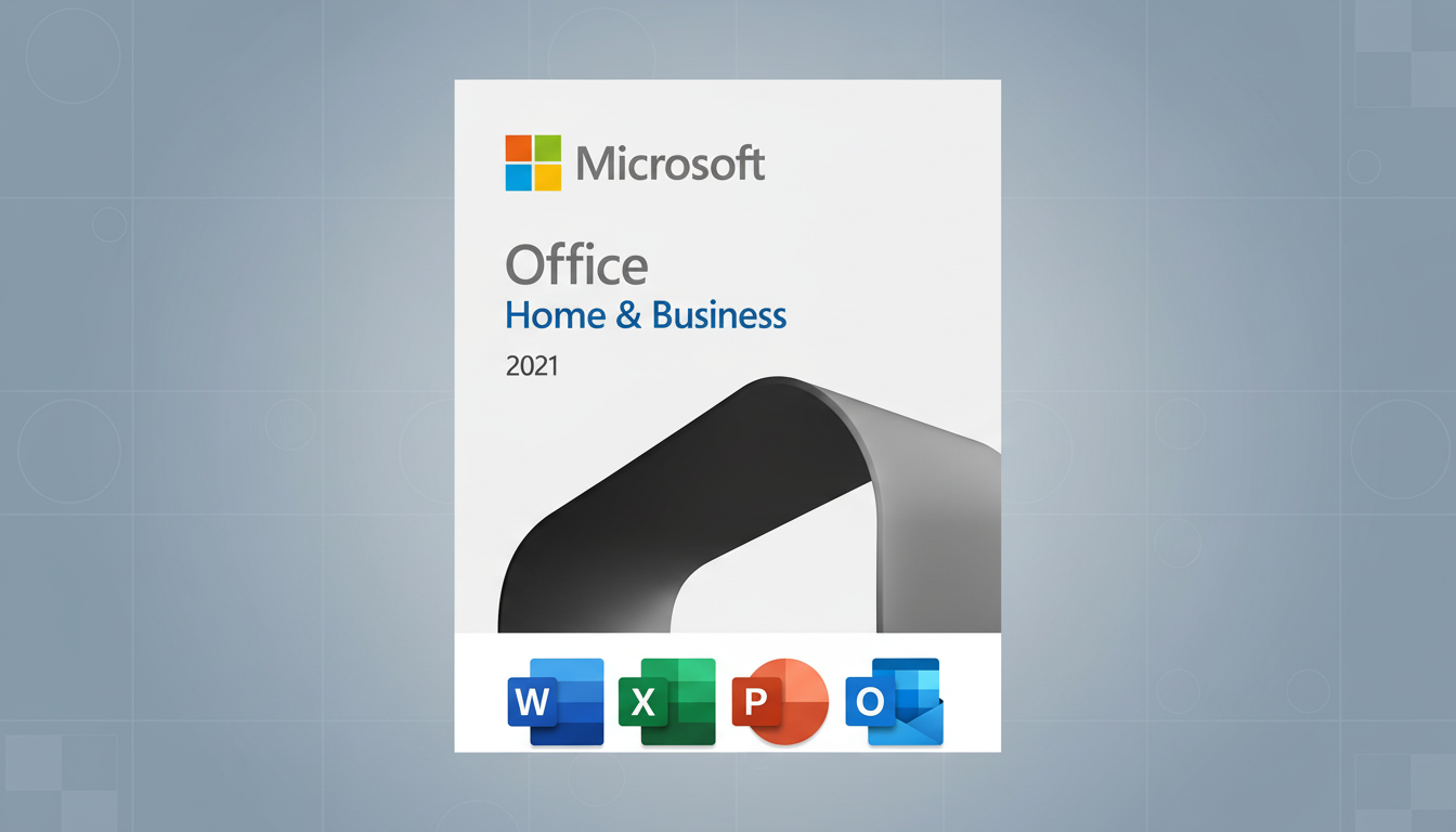 Microsoft Office Home & Business 2021 product box with Word, Excel, PowerPoint, and Outlook icons on a professional flat design background with soft patterns.