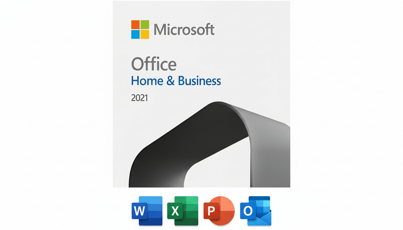 Microsoft Office Home & Business 2021 software box art with Word, Excel, PowerPoint, and Outlook icons.