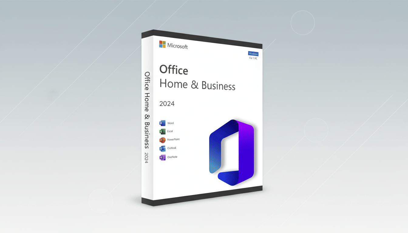 Microsoft Office Home & Business 2024 software box with a professional flat design background.
