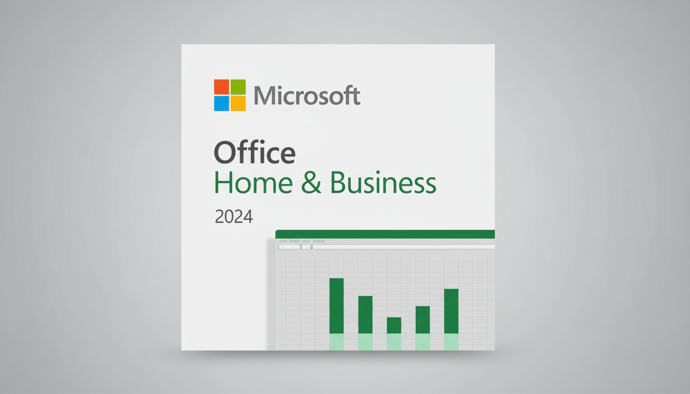 A 16:9 aspect ratio image of the Microsoft Office Home & Business 2024 logo and product box, set against a professional flat gray background with a subtle gradient.