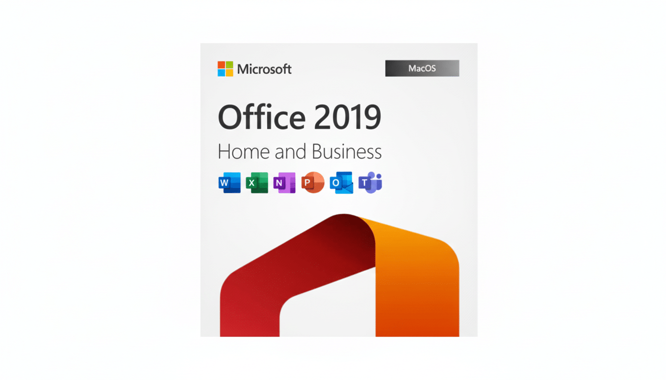 Microsoft Office 2019 Home and Business for MacOS, featuring the logos for Word, Excel, OneNote, PowerPoint, Outlook, and Teams, presented on a clean, professional background.