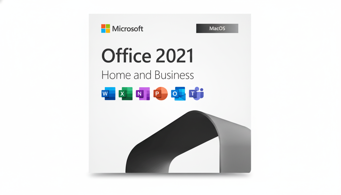 A professionally enhanced image of the Microsoft Office 2021 Home and Business for MacOS product box, resized to a 16:9 aspect ratio with a clean, professional background.