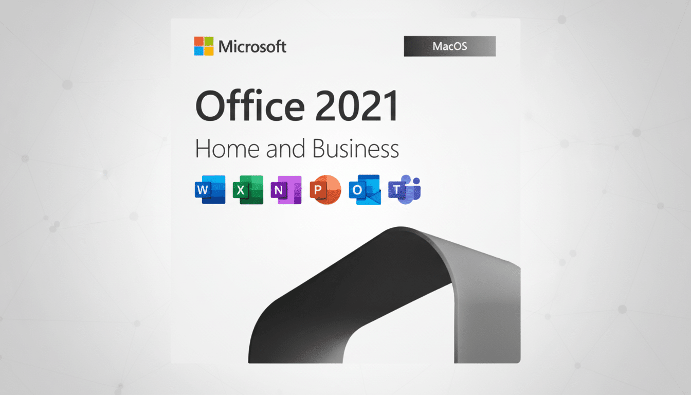 Microsoft Office 2021 Home and Business for macOS, featuring the logos for Word, Excel, OneNote, PowerPoint, Outlook, and Teams, presented on a professional flat design background with soft patterns.