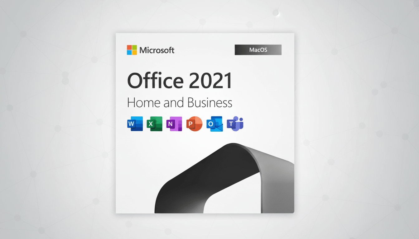 A 16:9 aspect ratio image of the Microsoft Office 2021 Home and Business for MacOS product box, set against a professional flat design background with soft patterns.
