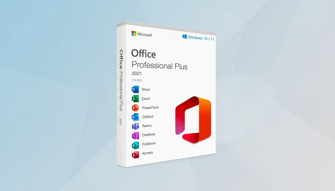 A Microsoft Office Professional Plus 2021 software box on a light blue and white gradient background.