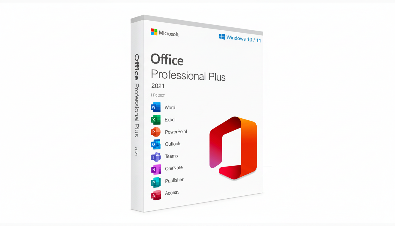 A 16:9 aspect ratio image of the Microsoft Office Professional Plus 2021 software box, featuring a clean, professional presentation with a subtle gradient background.