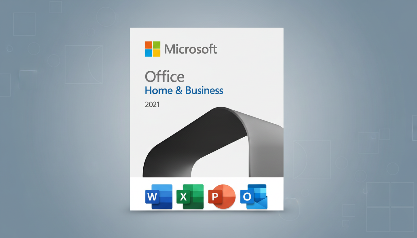 A 16:9 aspect ratio image of the Microsoft Office Home & Business 2021 product box, featuring the Microsoft logo and the icons for Word, Excel, PowerPoint, and Outlook, set against a professional flat design background with soft patterns.