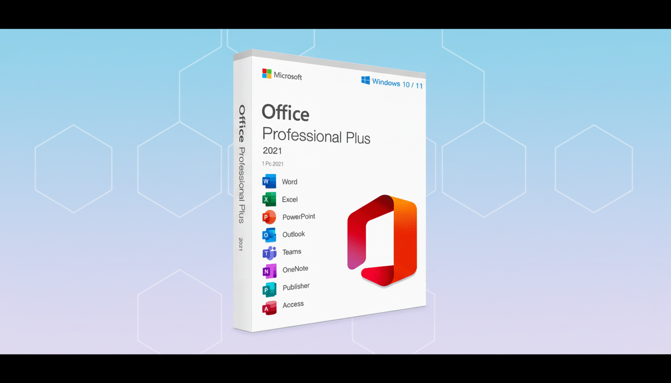 A 16:9 aspect ratio image of the Microsoft Office Professional Plus 2021 software box, featuring a professional flat design background with soft blue and purple gradients and subtle hexagonal patterns.