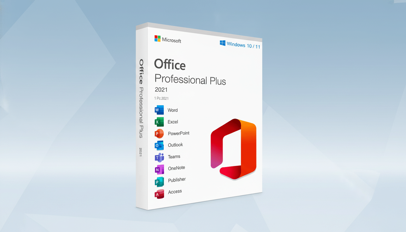 A 16:9 aspect ratio image of the Microsoft Office Professional Plus 2021 software box, featuring a professional flat design background with soft blue and white gradients.