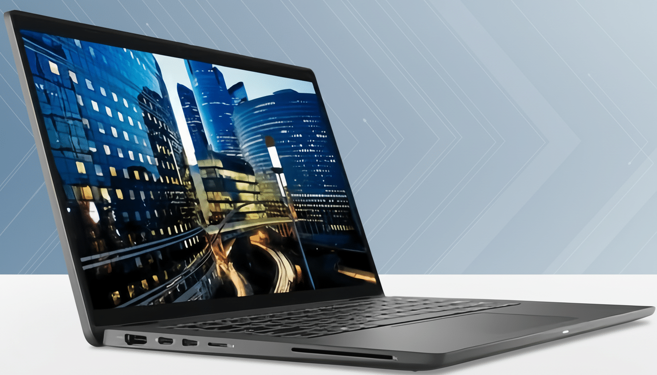 A laptop with a city skyline on its screen, presented on a professional flat design background with soft patterns and gradients.