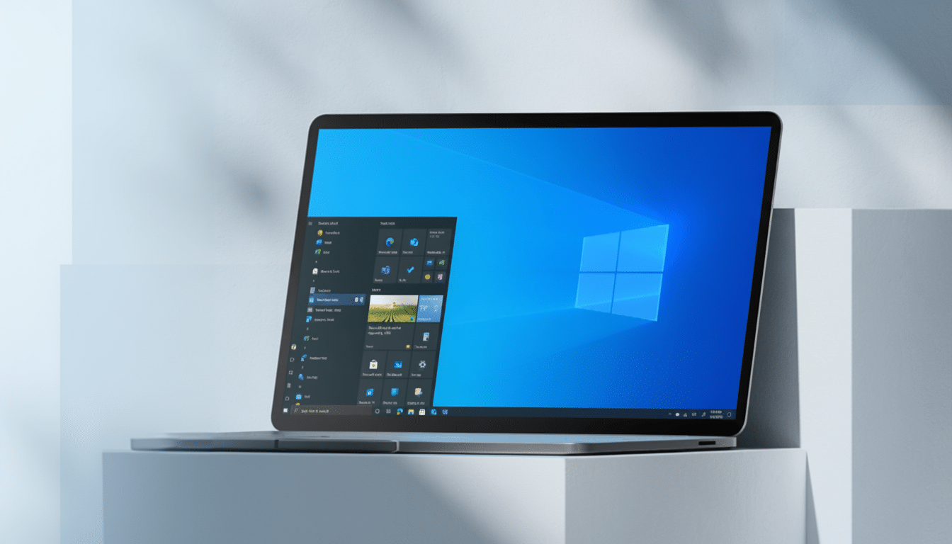 A laptop displaying the Windows 10 desktop and Start menu, set against a minimalist background with shadows.