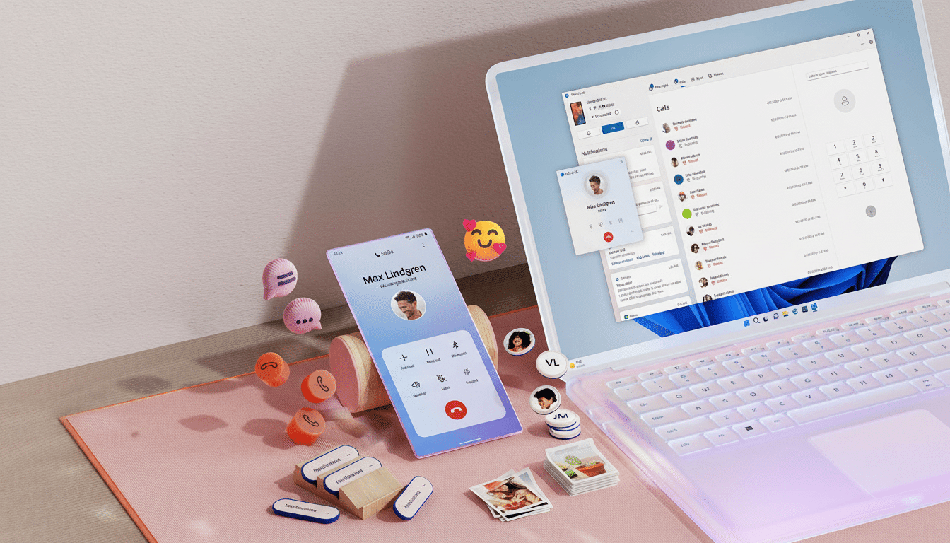 A laptop and a smartphone displaying communication apps, with various small, colorful icons and objects scattered around them on a pink mat.