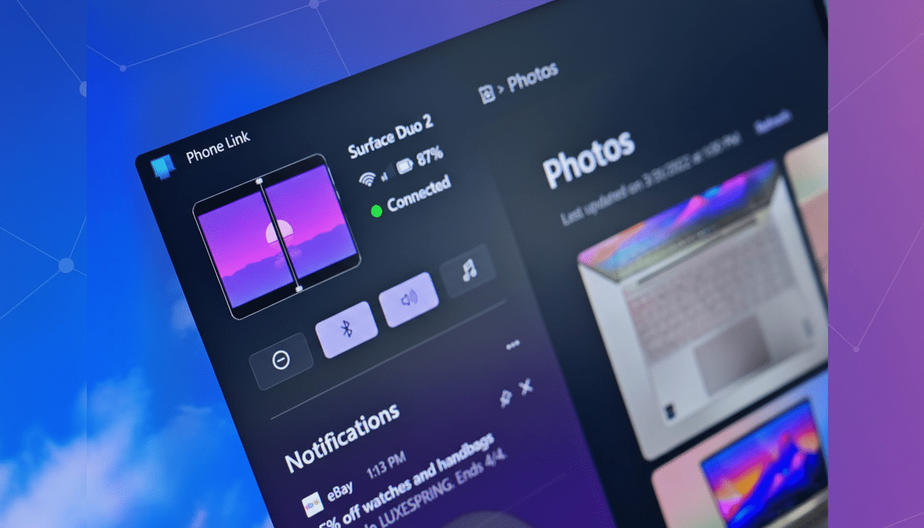 A close-up of a computer screen displaying the Phone Link application, showing a connected Surface Duo 2 with 87% battery, and a Photos section with various images. The background has been professionally enhanced with a soft blue and purple gradient and subtle geometric patterns.