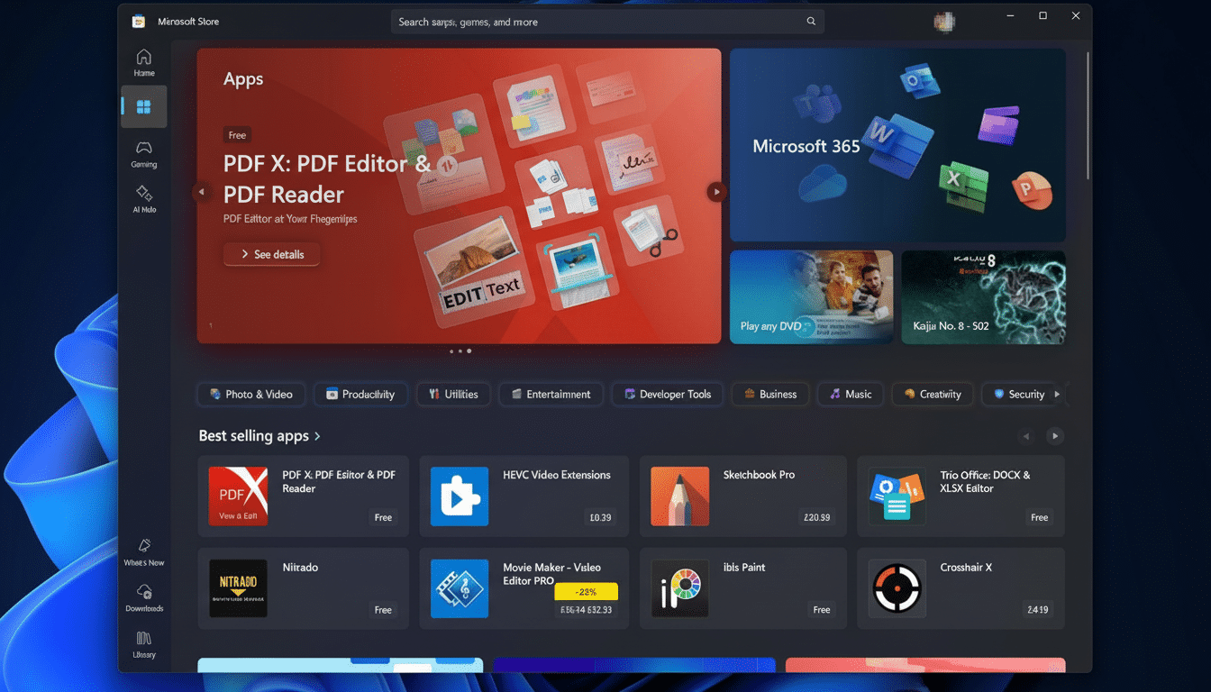 Microsoft Store on Windows showing multi-app install bundles with grouped app tiles
