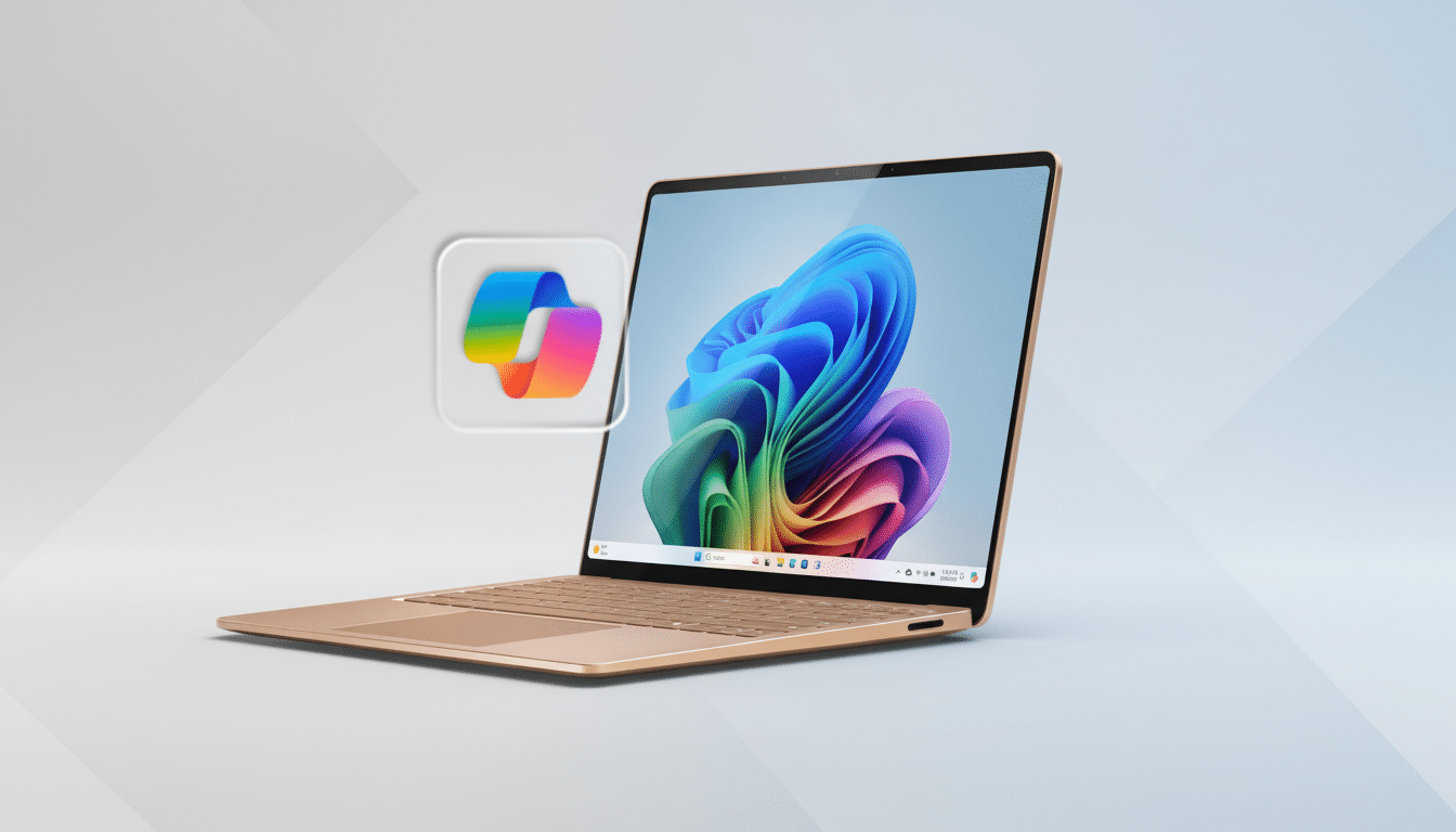 A gold laptop with a colorful abstract wallpaper on its screen, next to a floating icon with a rainbow-colored ribbon design, set against a professional light gray background with subtle geometric patterns.
