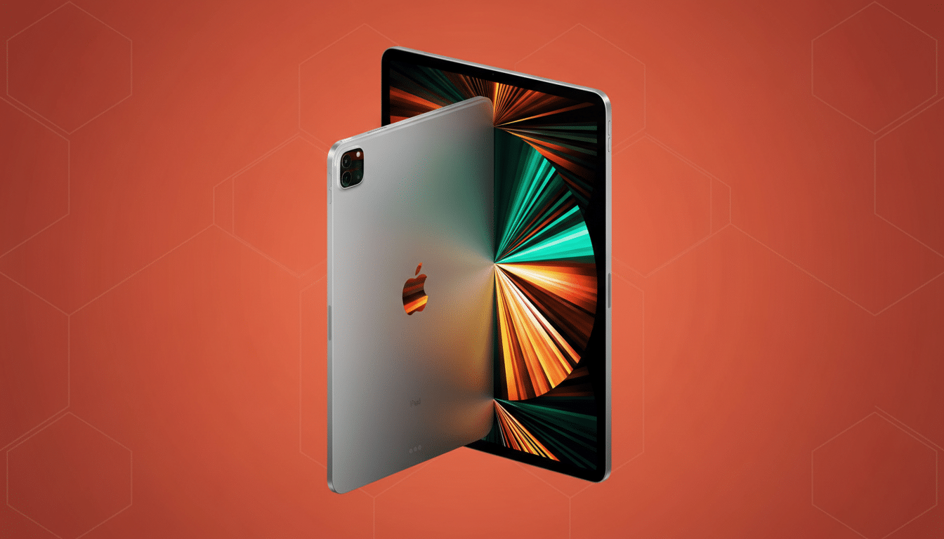 A silver iPad Pro with its screen displaying a colorful, radial design, positioned against a professional orange background with subtle hexagonal patterns.