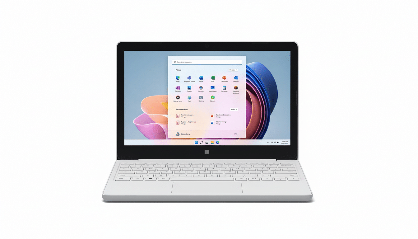 A white laptop displaying the Windows 11 operating system on its screen, set against a clean white background.