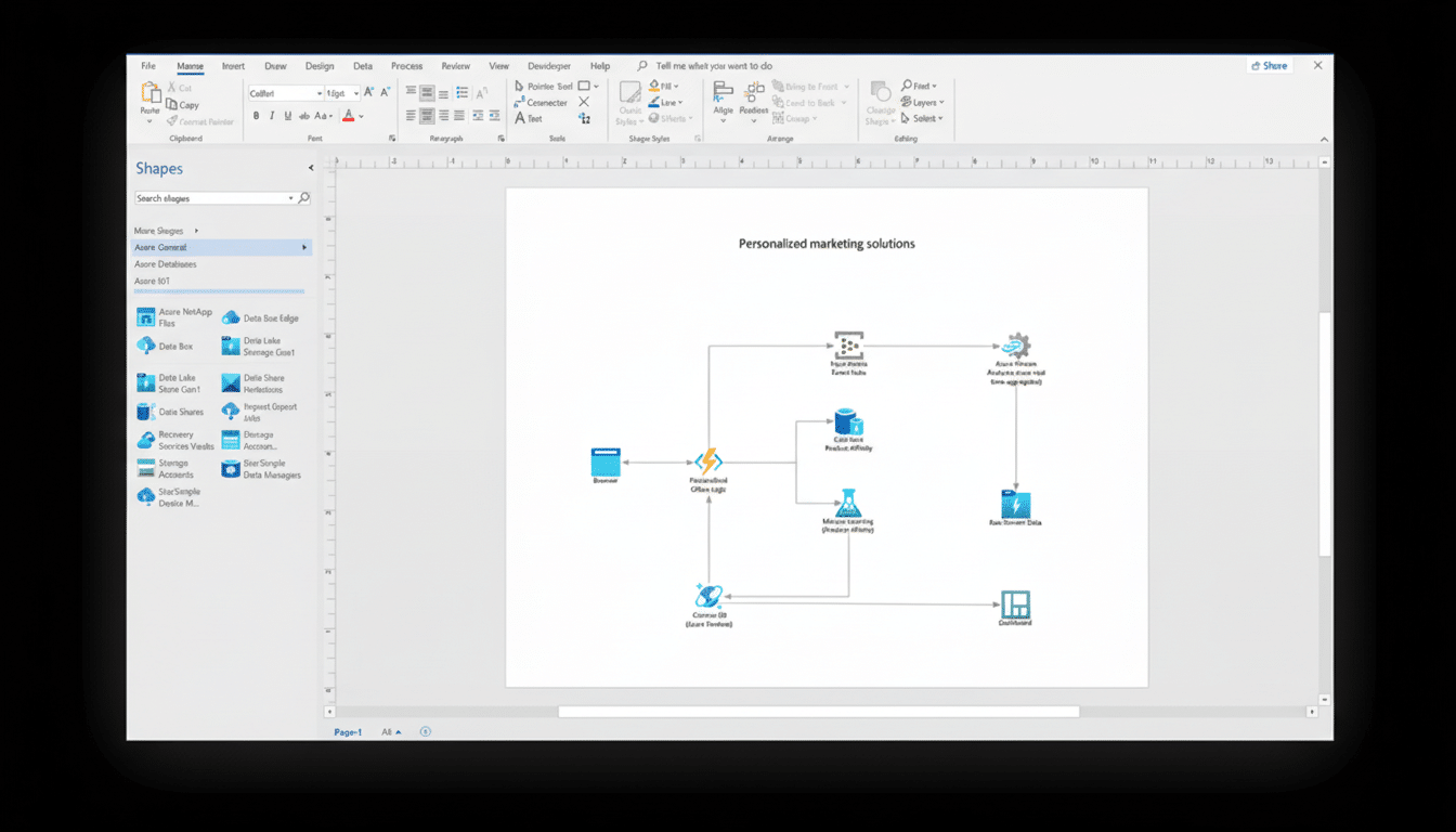 A screenshot of a Microsoft Visio diagram titled Personalized marketing solutions with various interconnected Azure services, resized to a 16:9 aspect ratio with a professional, clean presentation.