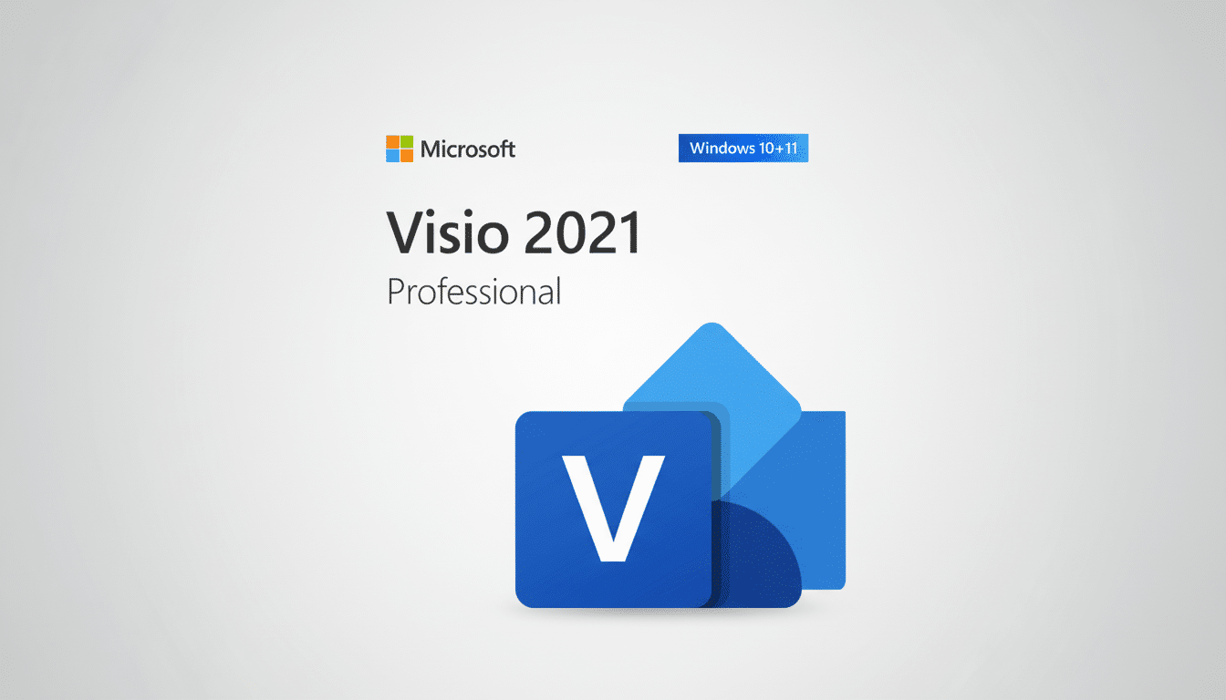 Microsoft Visio 2021 Professional software box art with a 16:9 aspect ratio, featuring the Visio icon and Windows 10+11 compatibility.
