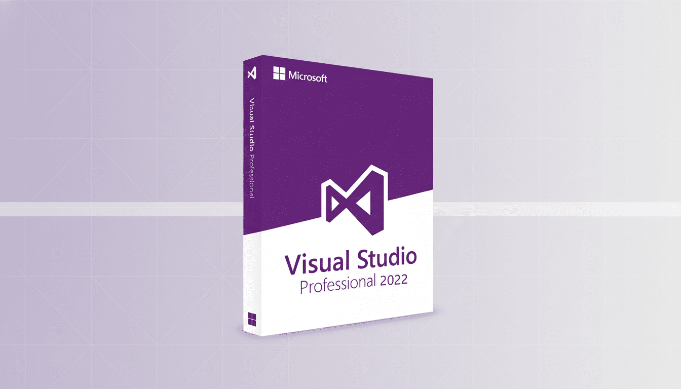 A 16:9 aspect ratio image of the Visual Studio Professional 2022 software box, presented on a professional flat design background with soft purple gradients.