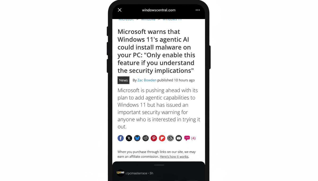 A screenshot of a news article about Microsoft warning that Windows 11s agentic AI could install malware on your PC, displayed on a smartphone screen with a professional flat design background.